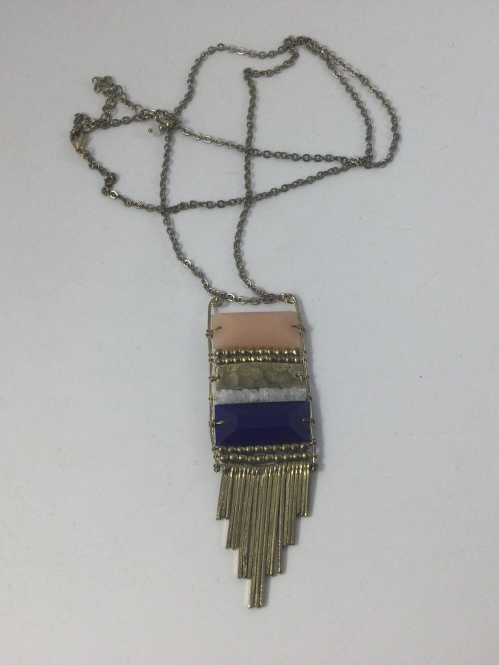 Modern Necklace Natural Stones Pink Blue Brass Metal Tassels 42"